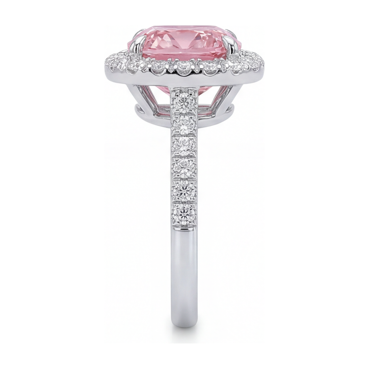 Bague diamant rose de laboratoire 3,25 carats taille coussin halo pavé en or blanc 14K