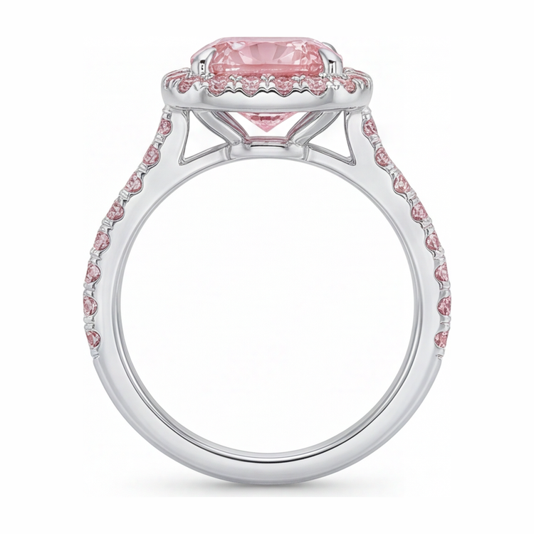 Bague de Fiançailles Diamant Rose Coussin de Laboratoire 3,25 Carats, Halo Pavé, Or Blanc 14K