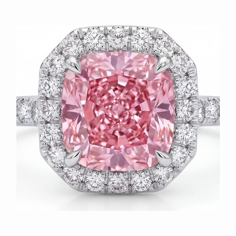 Bague diamant rose de laboratoire 3,25 carats taille coussin halo pavé en or blanc 14K