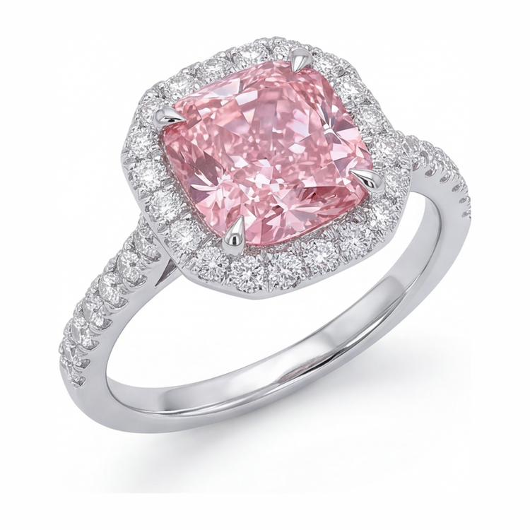 Bague diamant rose de laboratoire 3,25 carats taille coussin halo pavé en or blanc 14K