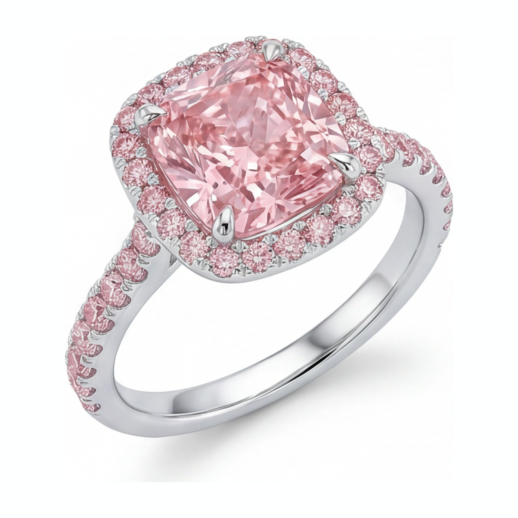 Bague de Fiançailles Rose Diamant Coussin de Laboratoire 3,25 Carats Halo Pavé Or Blanc 14 Carats