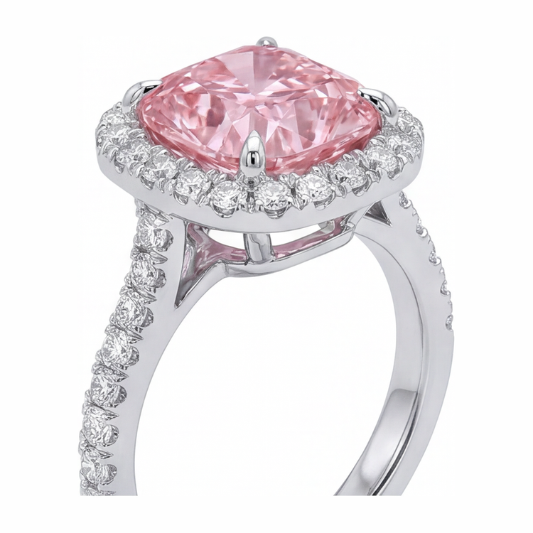 Bague diamant rose de laboratoire 3,25 carats taille coussin halo pavé en Or Blanc 14 carats