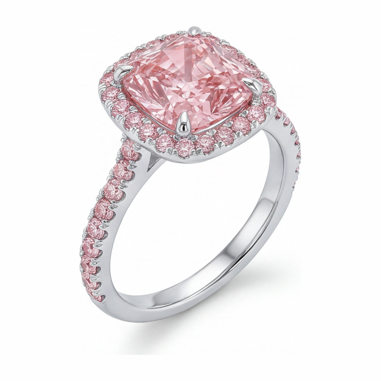 Bague de Fiançailles Diamant Rose Coussin de Laboratoire 3,25 Carats, Halo Pavé, Or Blanc 14K