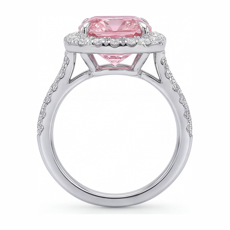 Bague diamant rose de laboratoire 3,25 carats taille coussin halo pavé en or blanc 14K