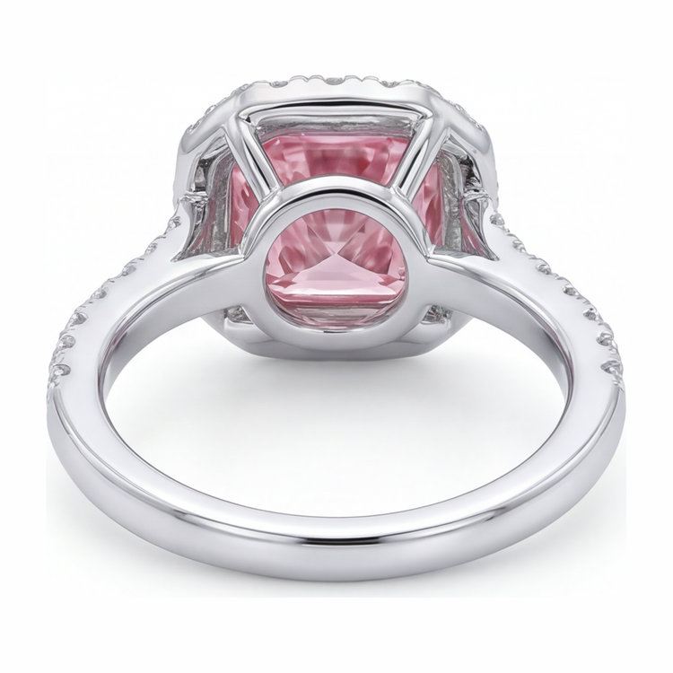 Bague diamant rose de laboratoire 3,25 carats taille coussin halo pavé en or blanc 14K