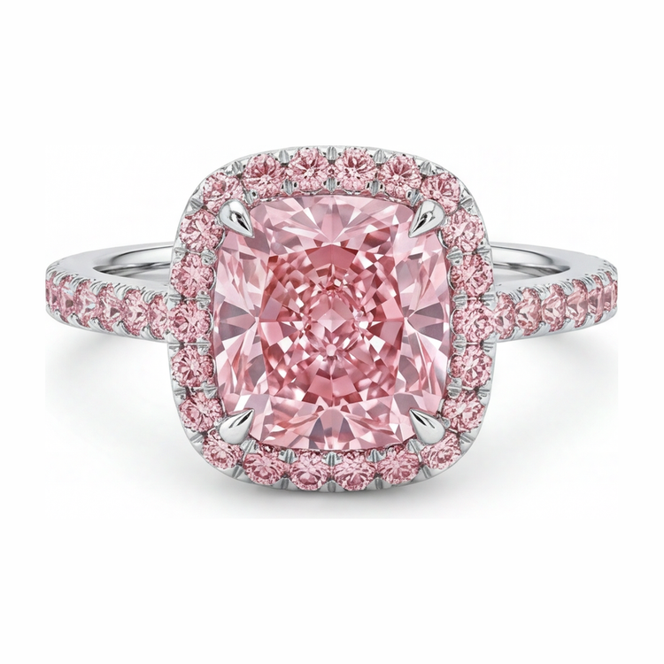 Bague de Fiançailles Diamant Rose Coussin de Laboratoire 3,25 Carats, Halo Pavé, Or Blanc 14K