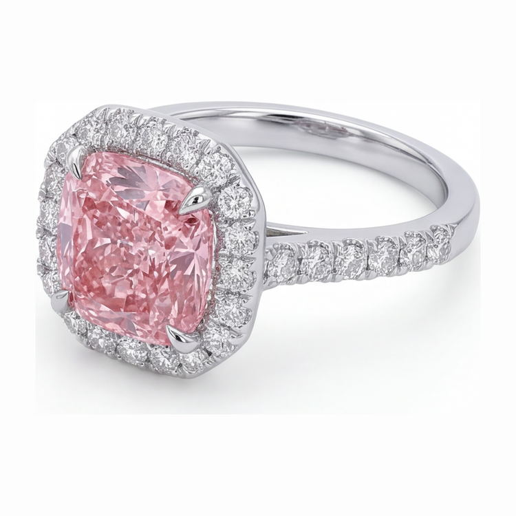 Bague diamant rose de laboratoire 3,25 carats taille coussin halo pavé en Or Blanc 14 carats