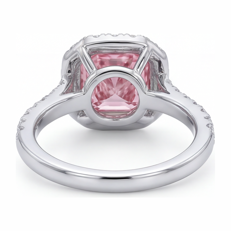 Bague diamant rose de laboratoire 3,25 carats taille coussin halo pavé en Or Blanc 14 carats