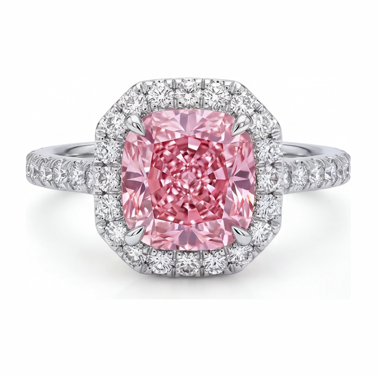 Bague diamant rose de laboratoire 3,25 carats taille coussin halo pavé en Or Blanc 14 carats