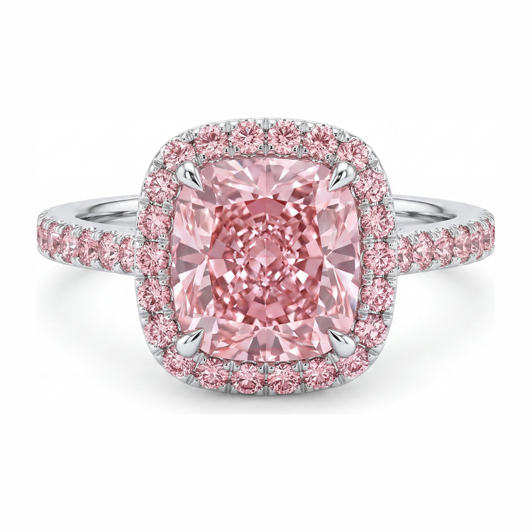 Bague de Fiançailles Diamant Rose Coussin de Laboratoire 3,25 Carats, Halo Pavé, Or Blanc 14K