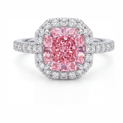 Bague diamant rose de laboratoire 3,25 carats taille coussin halo pavé en Or Blanc 14 carats