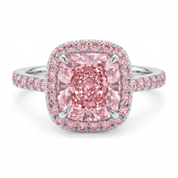 Bague de Fiançailles Rose Diamant Coussin de Laboratoire 3,25 Carats Halo Pavé Or Blanc 14 Carats
