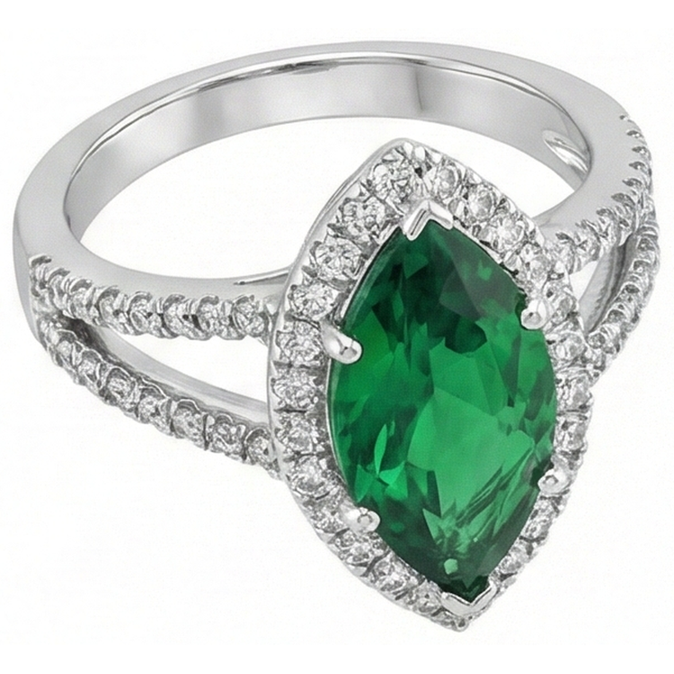 3.35 carats émeraude verte avec diamants bague sertie or blanc 14k