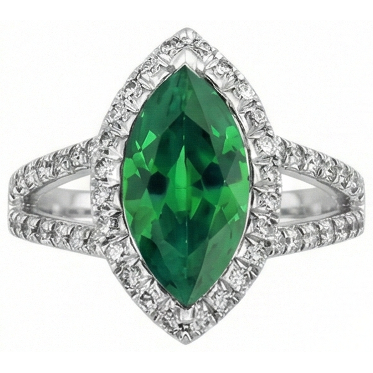 3.35 carats émeraude verte avec diamants bague sertie or blanc 14k