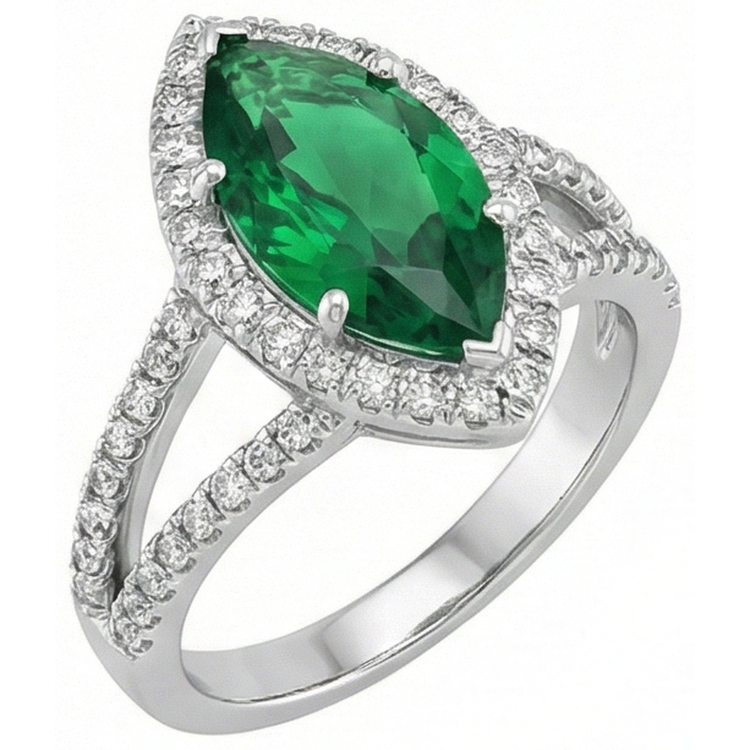 3.35 carats émeraude verte avec diamants bague sertie or blanc 14k