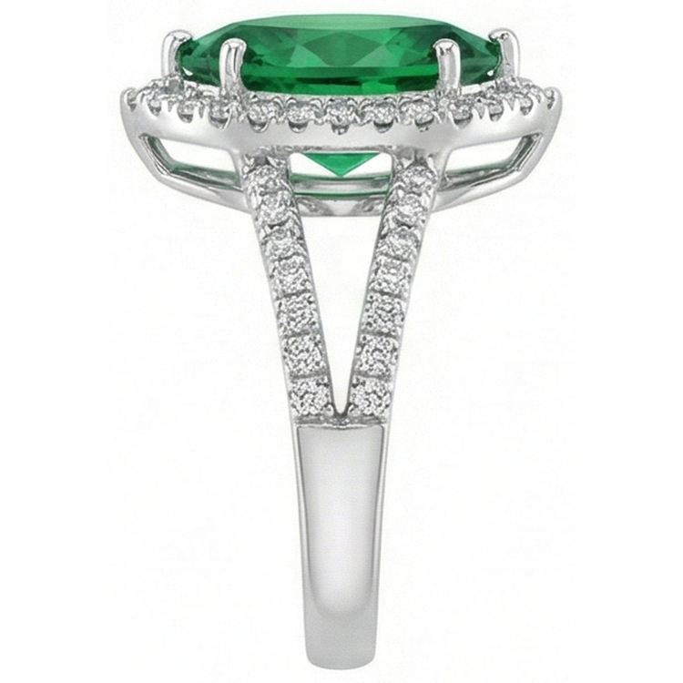 3.35 carats émeraude verte avec diamants bague sertie or blanc 14k