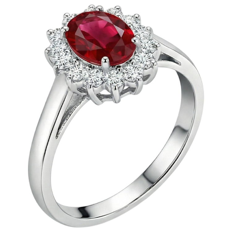 3.5 Carats Rubis Ovale Rouge Avec Diamant Naturels Extraits des Mines ( et non cultivés en laboratoire ) Alliance Or Blanc 14K