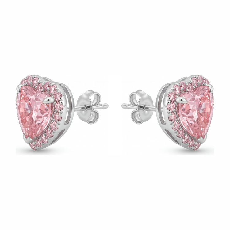 Boucles d'oreilles halo cœur en diamant rose de laboratoire 3,5 carats en or blanc 14 carats