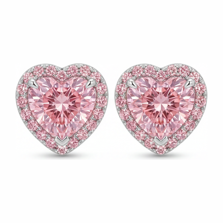 Boucles d'oreilles halo cœur en diamant rose de laboratoire 3,5 carats en Or Blanc 14K