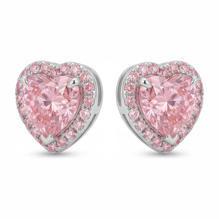 Boucles d'oreilles halo cœur en diamant rose de laboratoire 3,5 carats en Or Blanc 14K