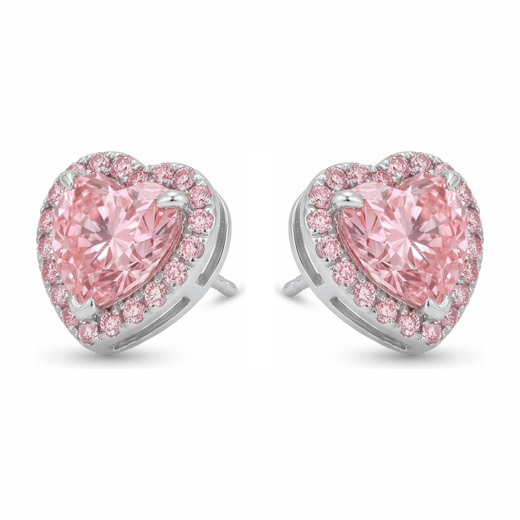 Boucles d'oreilles halo cœur en diamant rose de laboratoire 3,5 carats en or blanc 14 carats