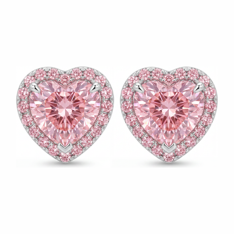 Boucles d'oreilles halo cœur en diamant rose de laboratoire 3,5 carats en or blanc 14 carats
