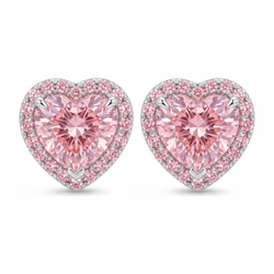 Boucles d'oreilles halo cœur en diamant rose de laboratoire 3,5 carats en Or Blanc 14K