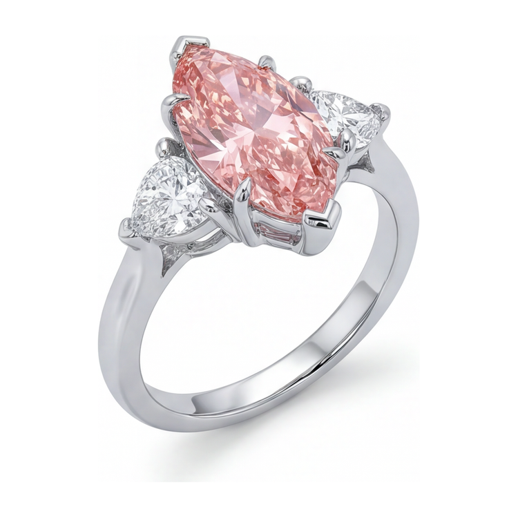 Bague trois pierres en or blanc 14 carats avec diamant rose de laboratoire taille marquise de 3,5 carats