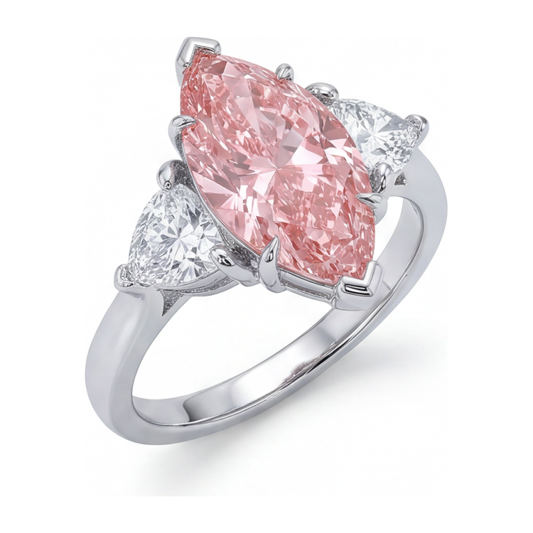Bague trois pierres en or blanc 14 carats avec diamant rose de laboratoire taille marquise de 3,5 carats