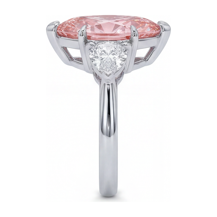 Bague trois pierres en Or Blanc 14 carats avec diamant rose de laboratoire taille marquise de 3,5 carats