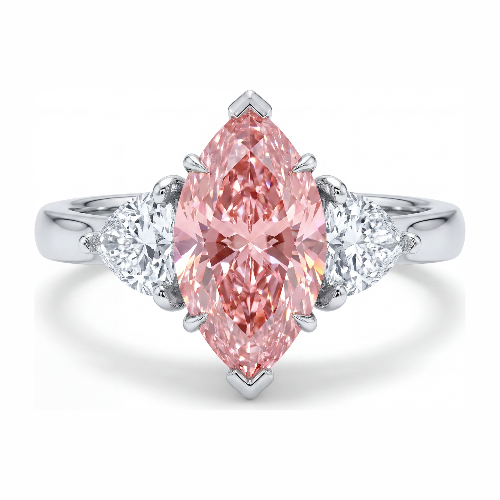 Bague trois pierres en or blanc 14 carats avec diamant rose de laboratoire taille marquise de 3,5 carats