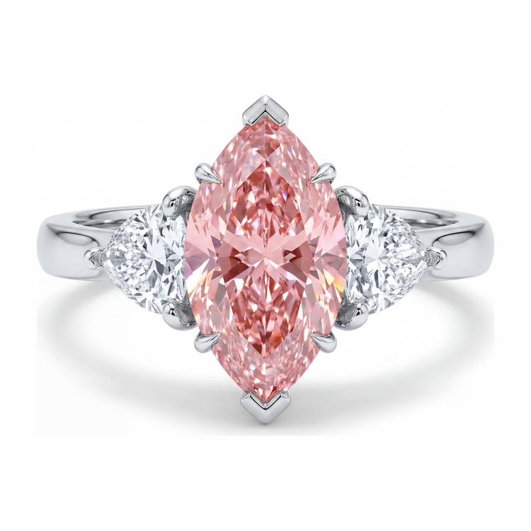 Bague trois pierres en or blanc 14 carats avec diamant rose de laboratoire taille marquise de 3,5 carats