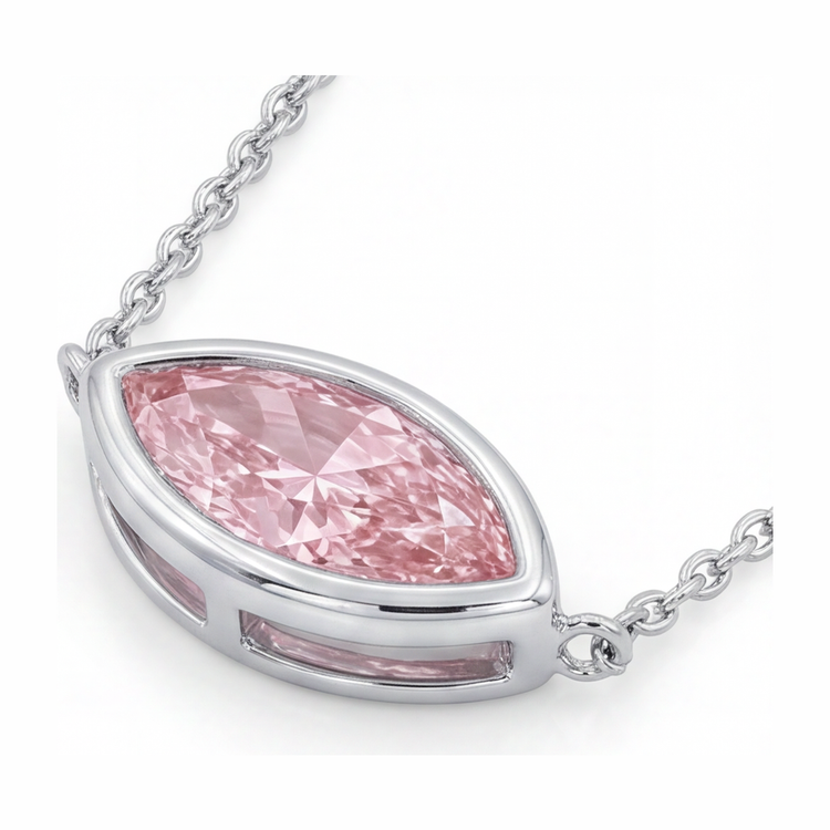 Collier Pendentif Lunette Diamant Rose de laboratoire Marquise 3,5 Carats en Or Blanc 14 Carats