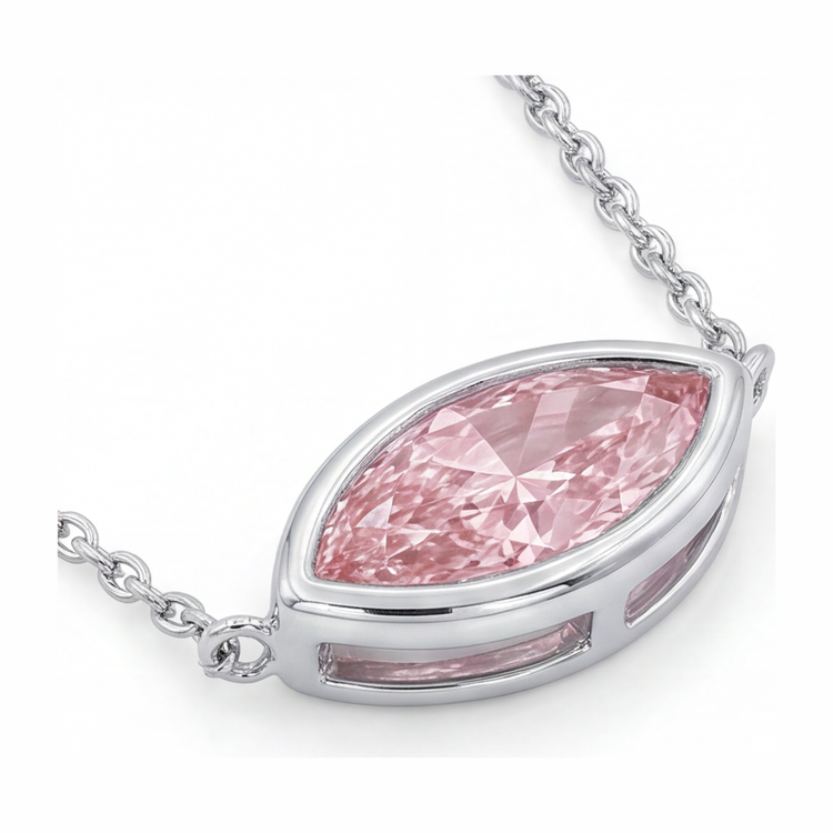 Collier Pendentif Diamant Rose de laboratoire 3,5 Carats Marquise Lunette Or Blanc 14 Carats