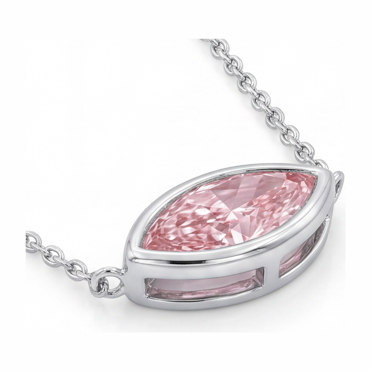 Collier Pendentif Lunette Diamant Rose de laboratoire Marquise 3,5 Carats en Or Blanc 14 Carats