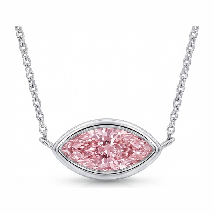 Collier Pendentif Lunette Diamant Rose de laboratoire Marquise 3,5 Carats en Or Blanc 14 Carats