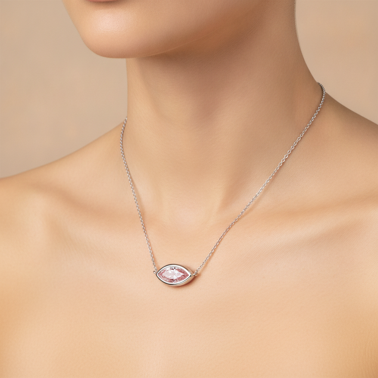 Collier Pendentif Lunette Diamant Rose de laboratoire Marquise 3,5 Carats en Or Blanc 14 Carats
