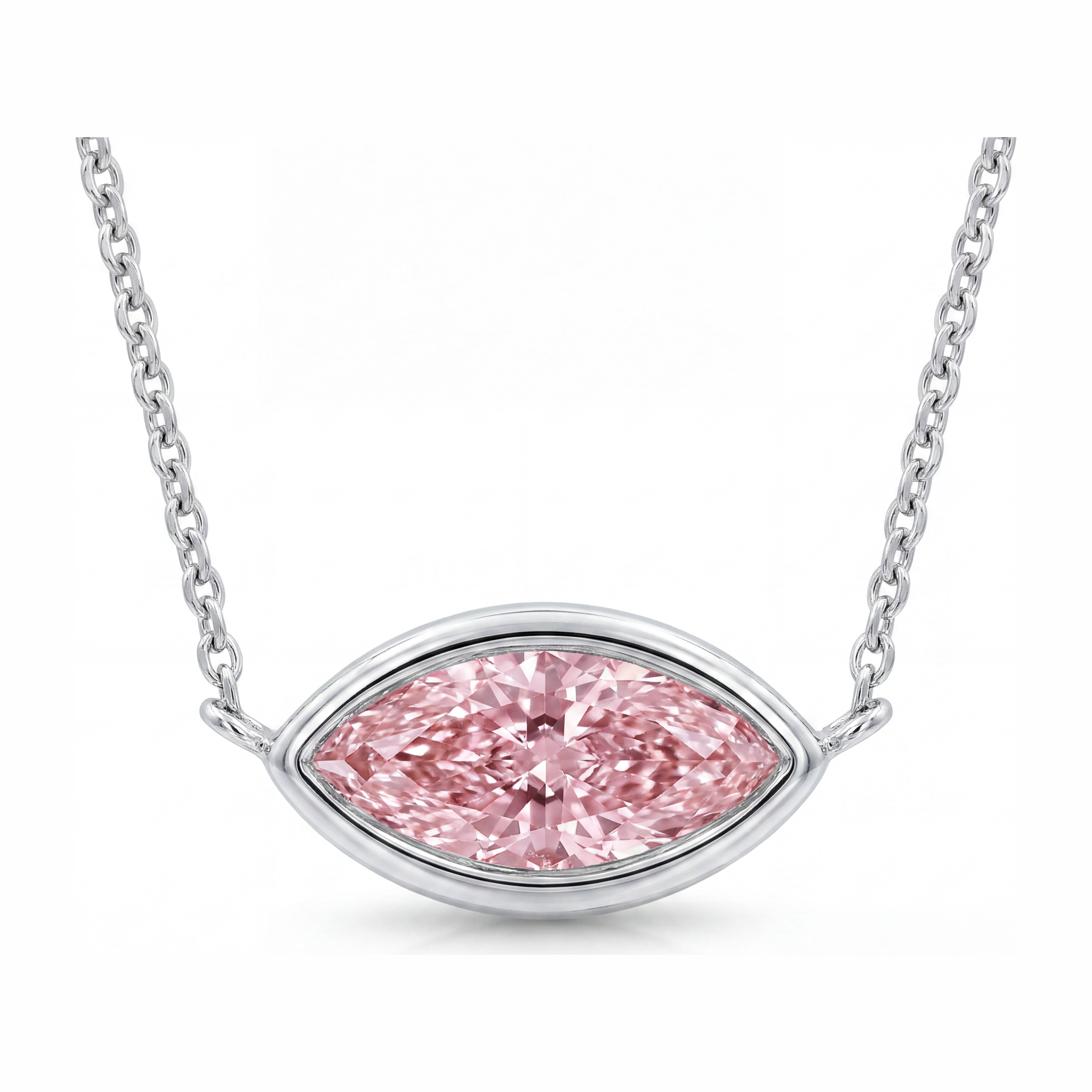 Collier Pendentif Diamant Rose de laboratoire 3,5 Carats Marquise Lunette Or Blanc 14 Carats