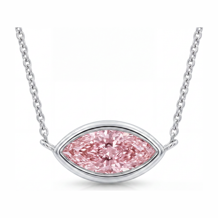Collier Pendentif Lunette Diamant Rose de laboratoire Marquise 3,5 Carats en Or Blanc 14 Carats