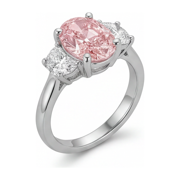 Bague trois pierres en Or Blanc 14 carats avec diamant rose ovale de laboratoire de 3,5 carats