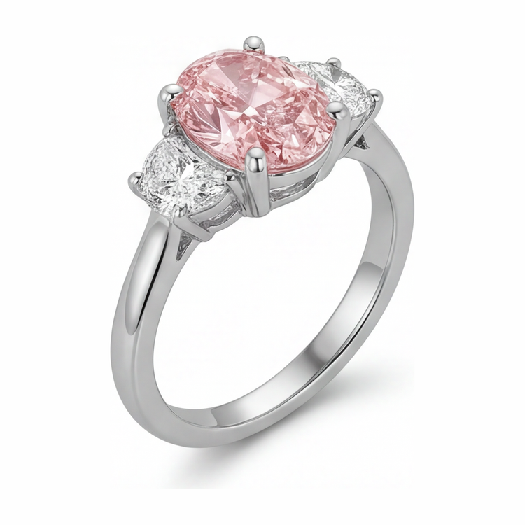 Bague trois pierres en Or Blanc 14 carats avec diamant rose ovale de laboratoire de 3,5 carats