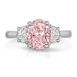 Bague trois pierres en Or Blanc 14 carats avec diamant rose ovale de laboratoire de 3,5 carats