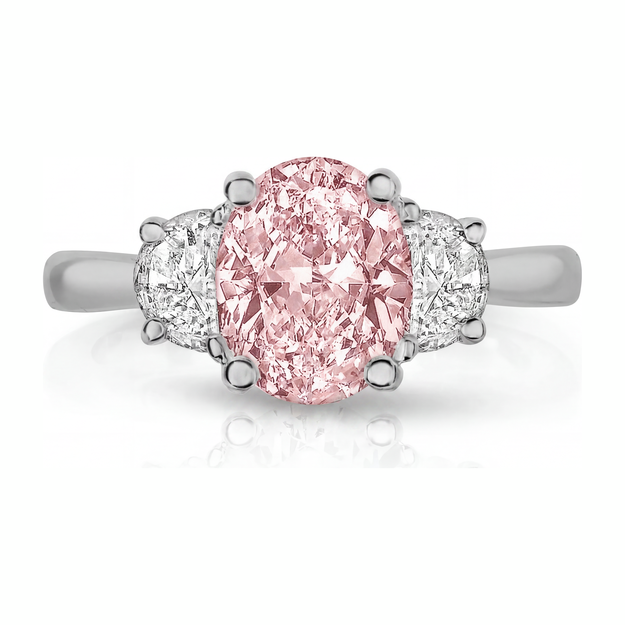 Bague trois pierres en Or Blanc 14 carats avec diamant rose de laboratoire ovale de 3,5 carats