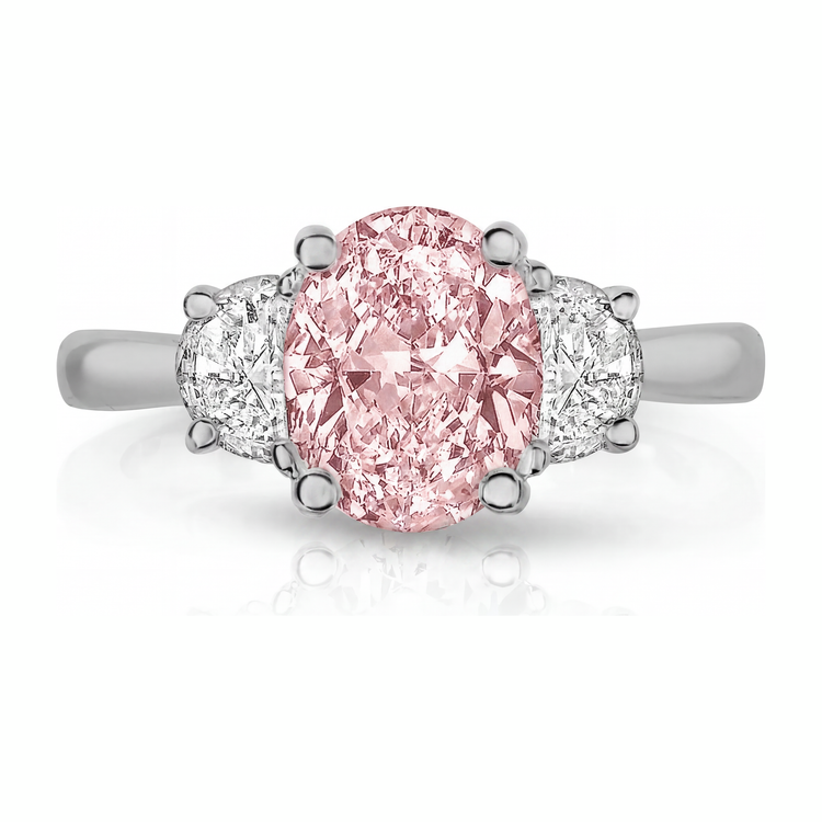 Bague trois pierres en Or Blanc 14 carats avec diamant rose ovale de laboratoire de 3,5 carats