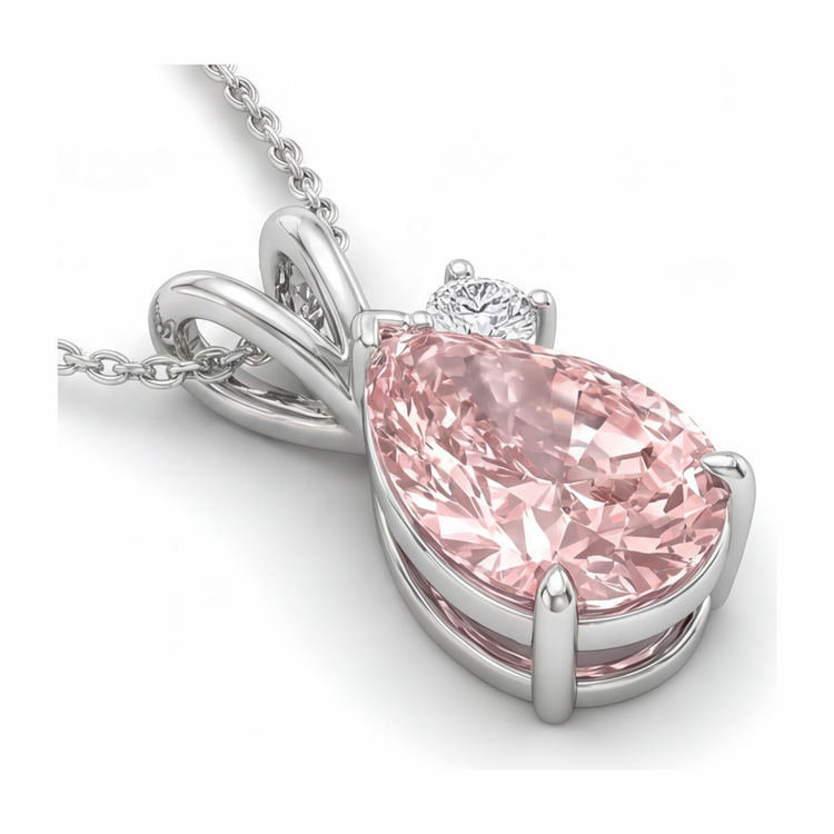 Collier pendentif croisé poire en diamant rose de laboratoire 3,5 carats en Or Blanc 14 carats