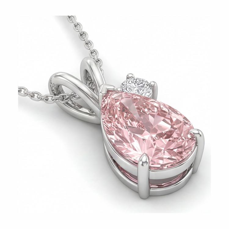 Collier Pendentif Croisé Poire en Diamant Rose de laboratoire 3,5 Carats en Or Blanc 14 Carats