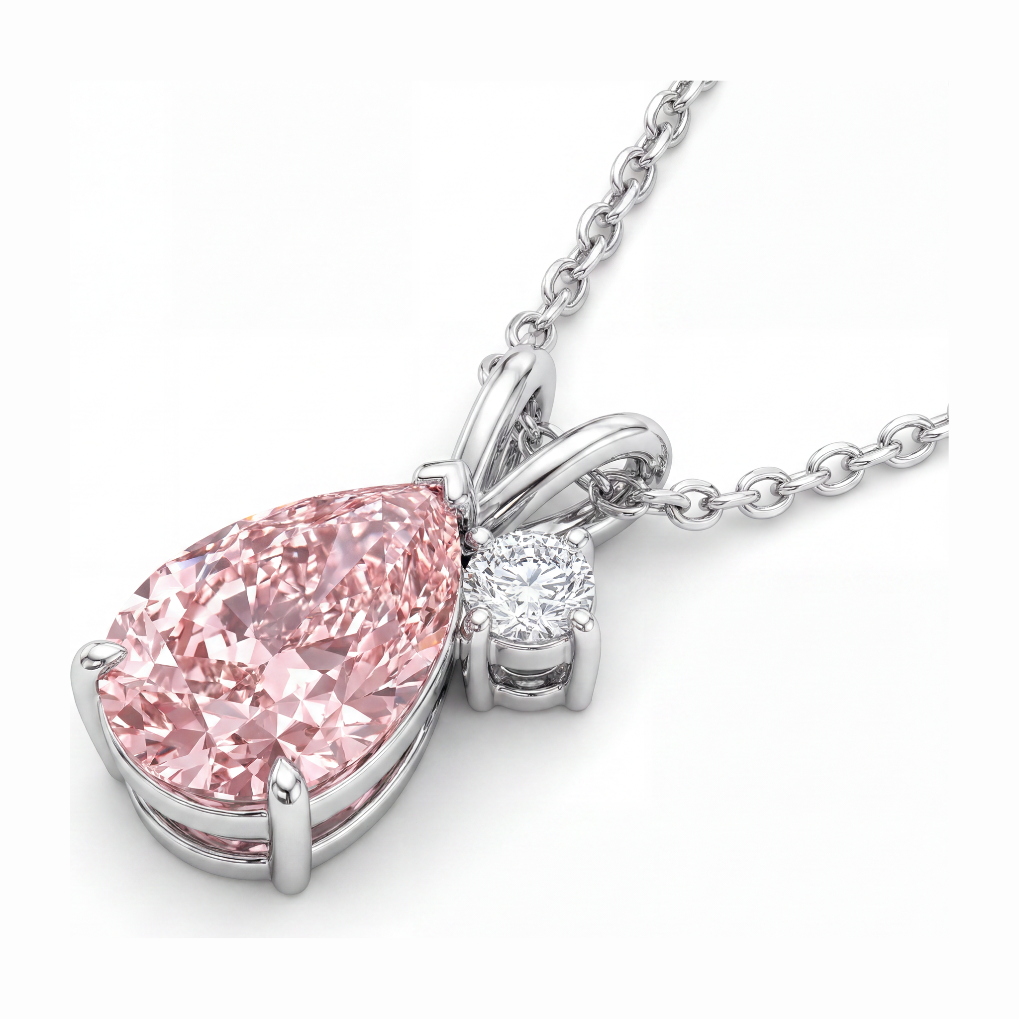 Collier pendentif croisé poire en diamant rose de laboratoire 3,5 carats en Or Blanc 14 carats