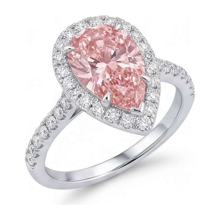 Bague de Fiançailles Diamant Rose de Laboratoire 3,5 Carats Taille Poire Halo en Or Blanc 14K