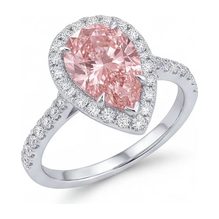 Bague de Fiançailles en Or Blanc 14 carats avec Diamant Rose de Laboratoire Taille Poire 3,5 carats et Halo