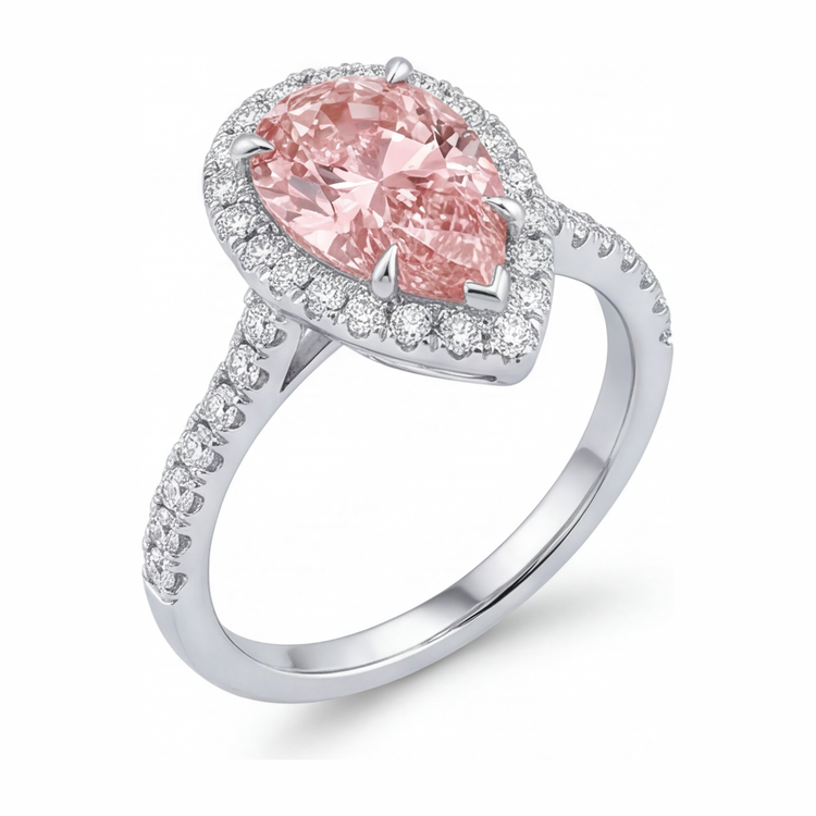 Bague de Fiançailles Diamant Rose de Laboratoire 3,5 Carats Taille Poire Halo en Or Blanc 14K